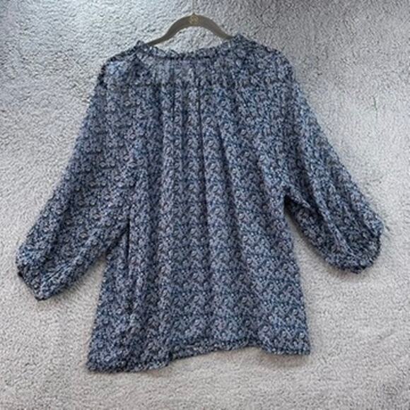 Chelsea & Theodore 2X Blue Floral Sheer Boho Blouse Balloon Sleeves Flowy - Picture 9 of 10